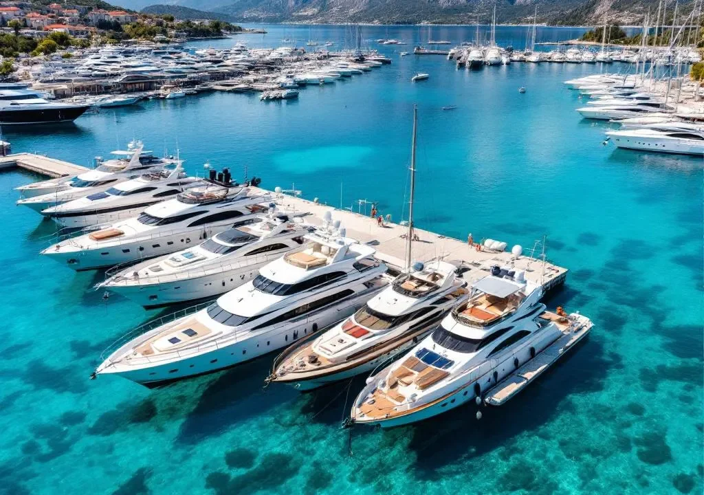 Luxury yachts moored in a modern Croatian marina with crystal clear Adria waters and coastal mountains in background
