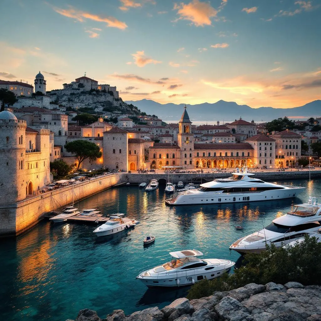 Hafen von Split zur goldenen Stunde mit Luxusmotoryachten entlang der antiken Mauern des Diokletianpalastes, klares türkisfarbenes Adriawasser, warmes Abendlicht auf Kalksteinarchitektur, fotorealistisch