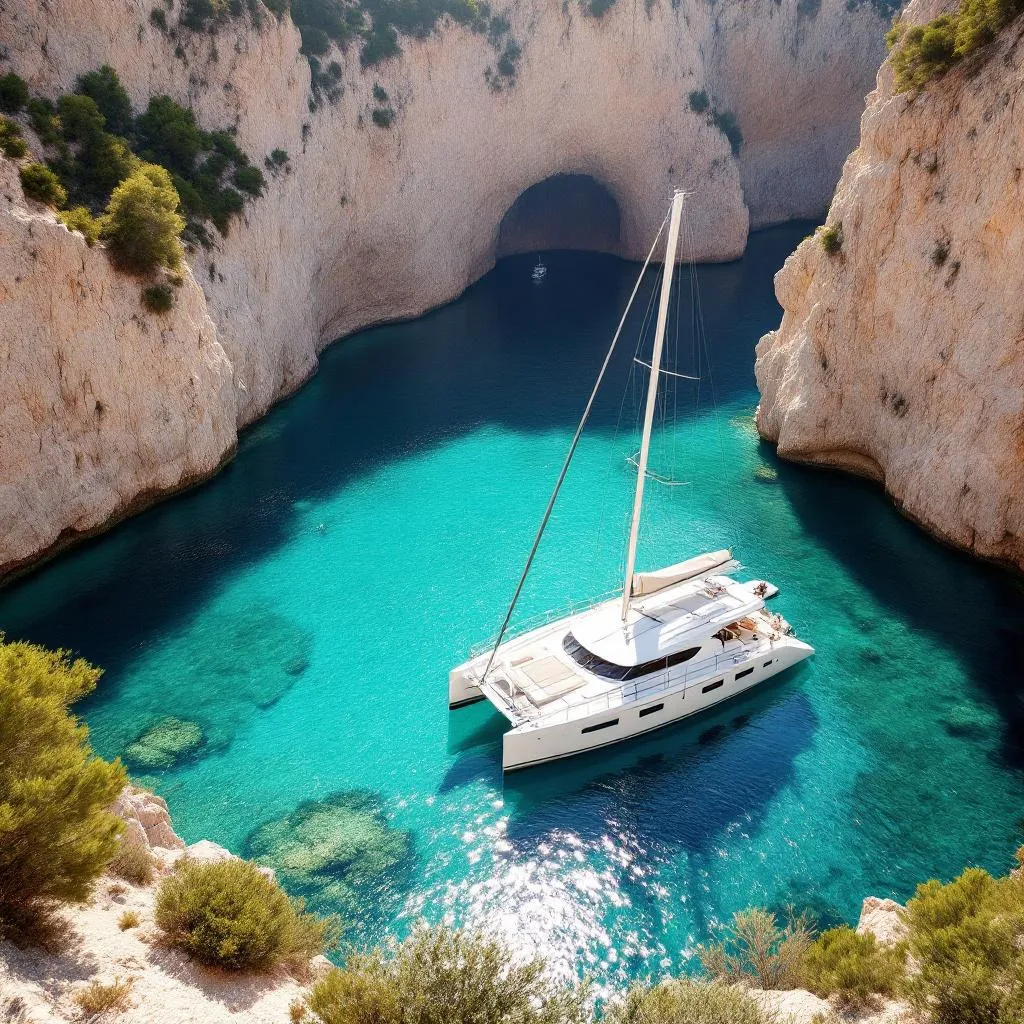 Moderner weisser Katamaran verankert in den transparenten türkisfarbenen Gewässern der Stiniva-Bucht auf der Insel Vis, dramatische Kalksteinklippen umgeben die schmale Bucht-Einfahrt, nachmittägliches Mittelmeerlicht, fotorealistisch
