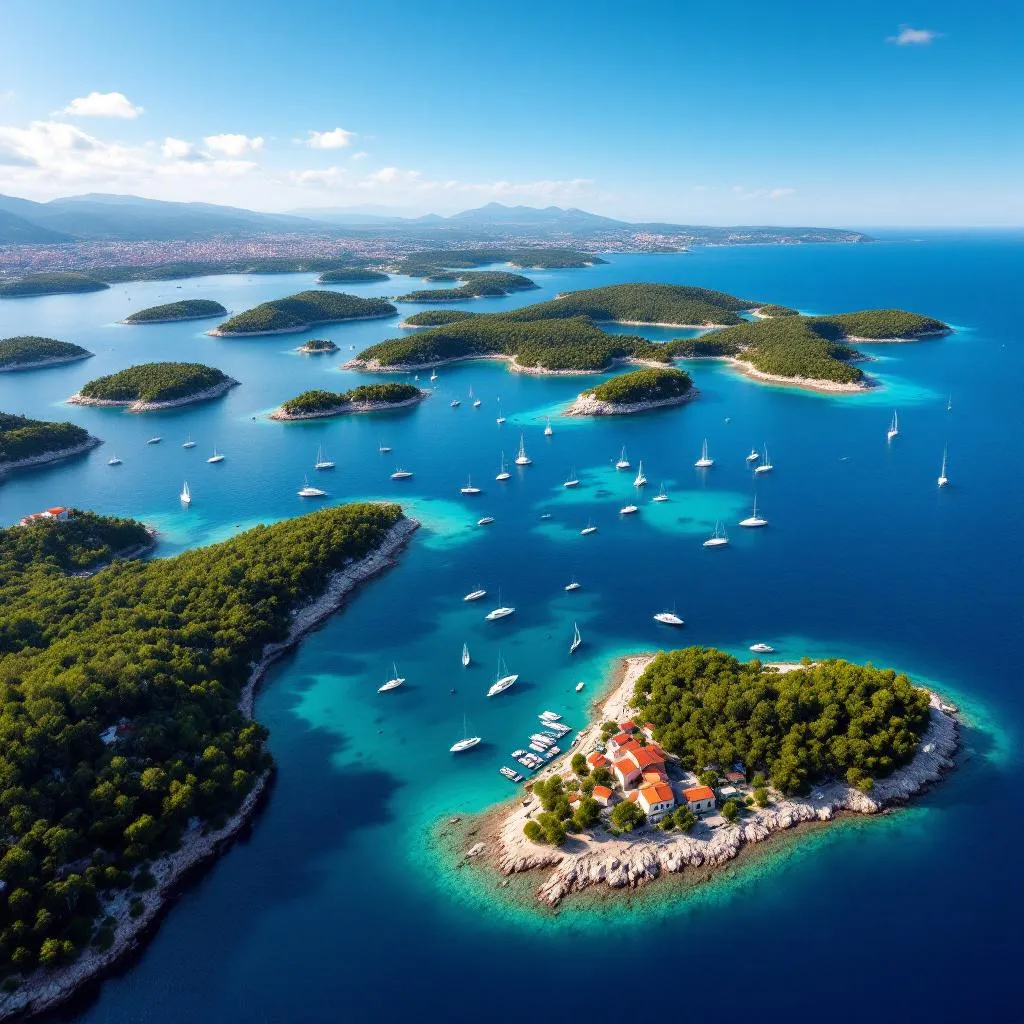 Luftaufnahme des Pakleni-Archipels mit mehreren abgelegenen Buchten und ankernden Yachten, türkisfarbenes Wasser zwischen bewaldeten Inselchen, Hvar-Stadt im Hintergrund sichtbar, fotorealistische Luftbildfotografie