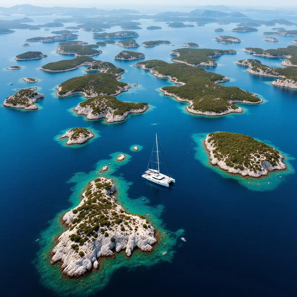 Luftaufnahme eines Lagoon 42 Katamarans, der durch das Kornati-Archipel segelt, verstreute Kalksteininseln bilden ein Labyrinth aus Kanälen, tiefblaues Adriawasser im Kontrast zu weissen Steininseln, fotorealistische Luftbildfotografie