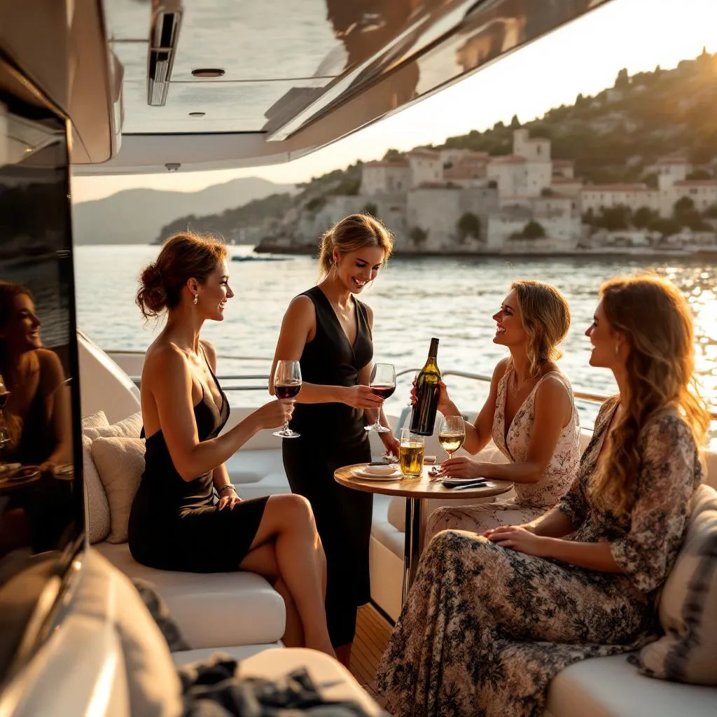 Elegante Yacht-Hostess serviert kroatischen Wein an Gäste auf dem Heckdeck einer Luxusmotoryacht, Korčulas mittelalterliche Mauern über den Kanal hinweg sichtbar, goldenes Abendlicht, lachende und anstossende Gäste, fotorealistisch