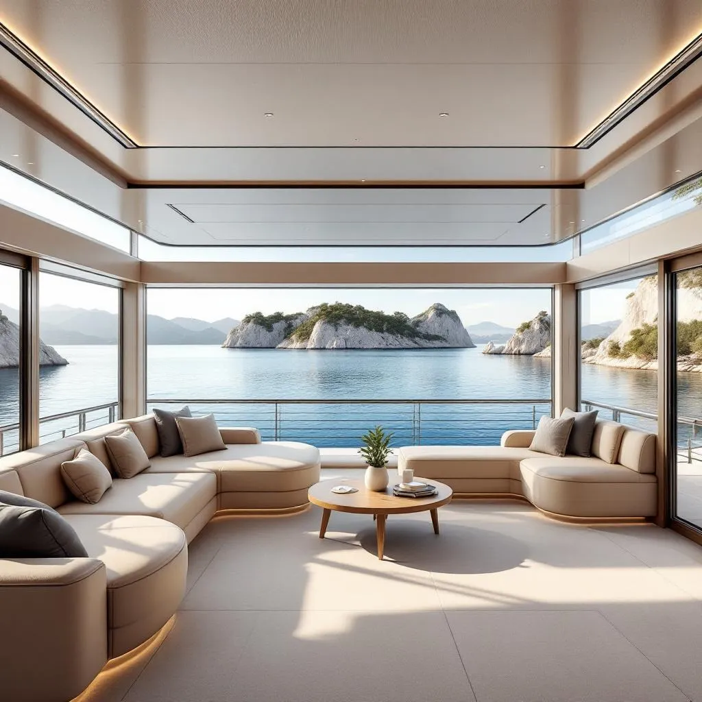 Moderner Yachtsalon mit Panoramafenstern und Blick auf die Inseln des Kornati-Nationalparks, zeitgemässes Interieur mit beigefarbenen Ledersitzen, natürliches Licht durch bodentiefe Fenster, fotorealistische Innenraumfotografie