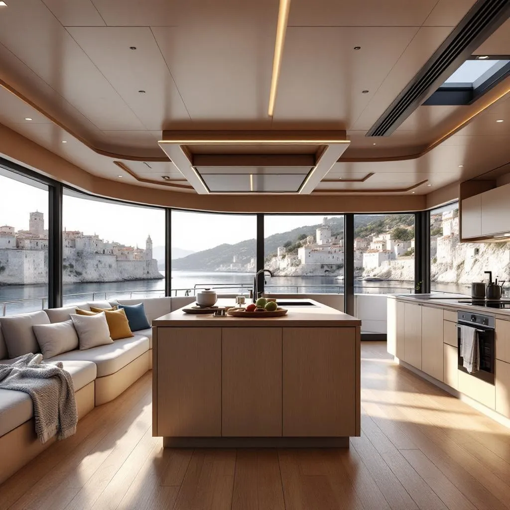 Geräumiges Katamaran-Salon-Interieur mit Panoramafenstern, die Korčulas mittelalterliche Mauern zeigen, moderne Kombüse mit Kücheninsel, natürliches Licht strömt durch grosse Bullaugen, fotorealistische Innenraumfotografie