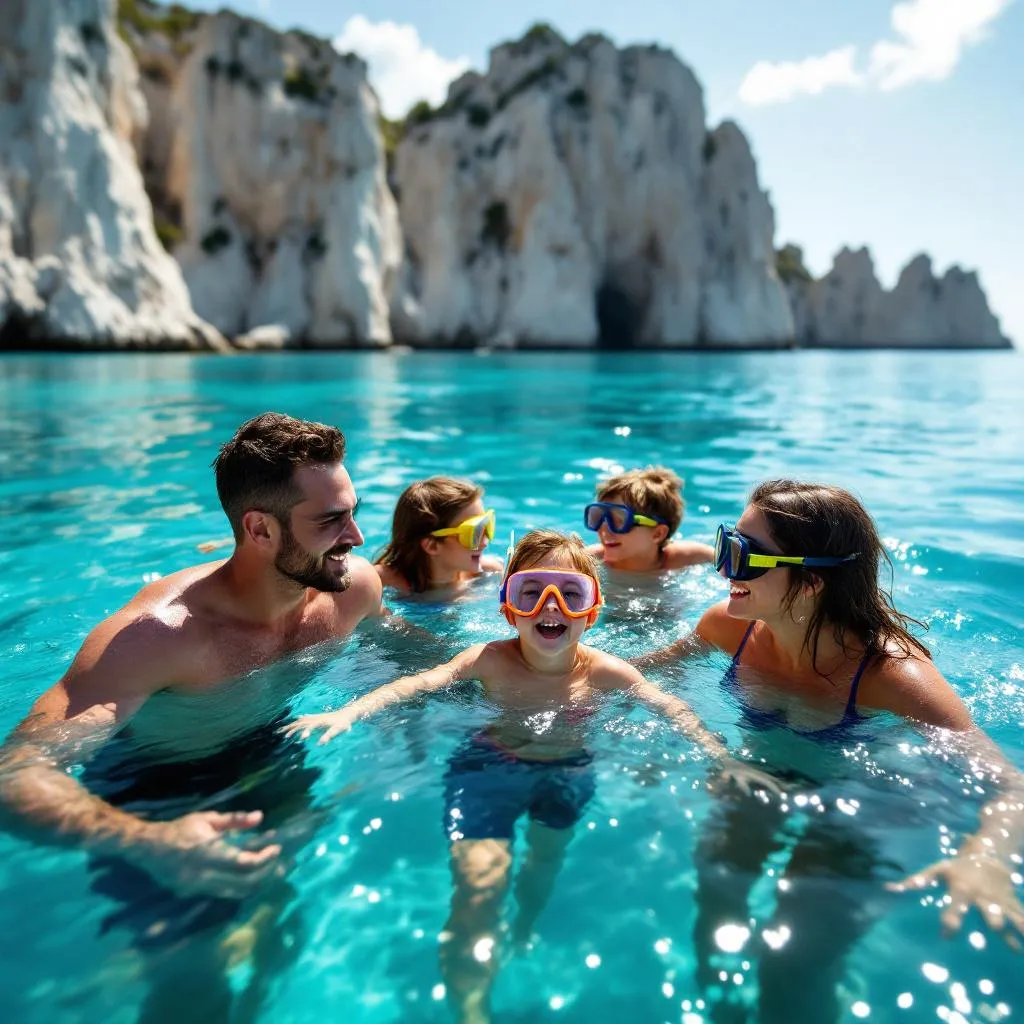 Familie mit Kindern beim Schnorcheln von der Badeplattform einer Yacht in klarem türkisfarbenem Wasser, die dramatischen Klippen der Insel Vis im Hintergrund, Gäste mit Schnorchelausrüstung geniessen das klare Wasser, fotorealistisch