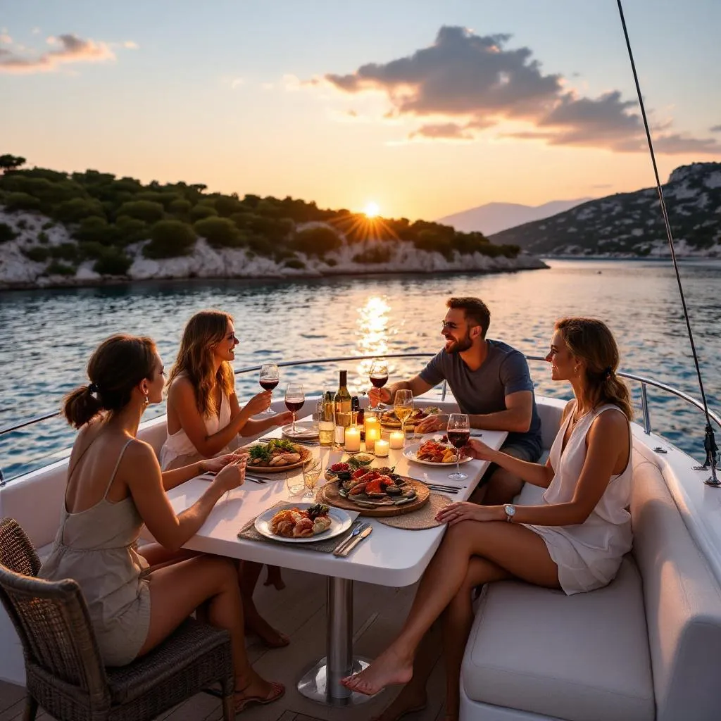 Essen im Freien auf dem Flybridge der Yacht mit frischen Meeresfrüchten aus der Adria, lokalem Plavac-Mali-Wein, Gäste geniessen das Abendessen mit Blick auf den Strand Zlatni Rat auf Brač in der Ferne, Sonnenuntergangslicht, fotorealistisch