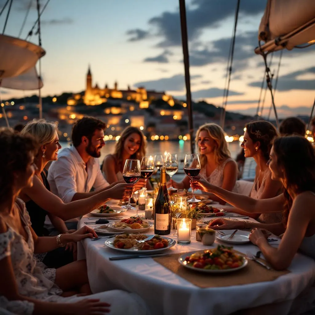 Al-fresco-Abendessen im Heckcockpit des Katamarans mit traditionellem dalmatinischem Peka-Gericht, kroatischem Wein und Gästen, die anstossen, während Splits Diokletianpalast im Hintergrund funkelt, fotorealistisch