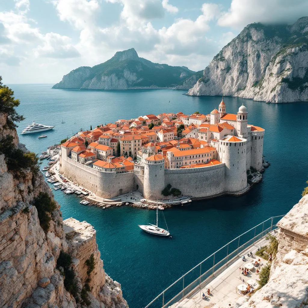Dubrovniks mittelalterliche Stadtmauern und Terrakotta-Dächer, betrachtet von einer im Hafen ankernden Luxusyacht aus, dramatische Kalksteinbefestigungen erheben sich aus dem tiefblauen Adriawasser, fotorealistisch, Reisefotografie
