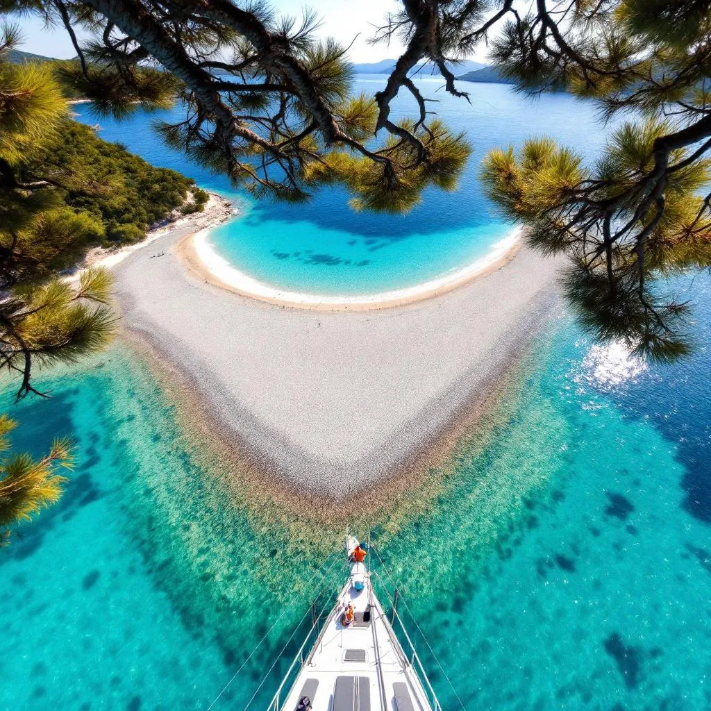 Der ikonische Strand Zlatni Rat auf der Insel Brač, betrachtet vom Bug eines Katamarans aus, der berühmte dreieckige Kieselstrand erstreckt sich in türkisfarbenes Wasser, Pinien rahmen die Szene, fotorealistisch, Reisefotografie