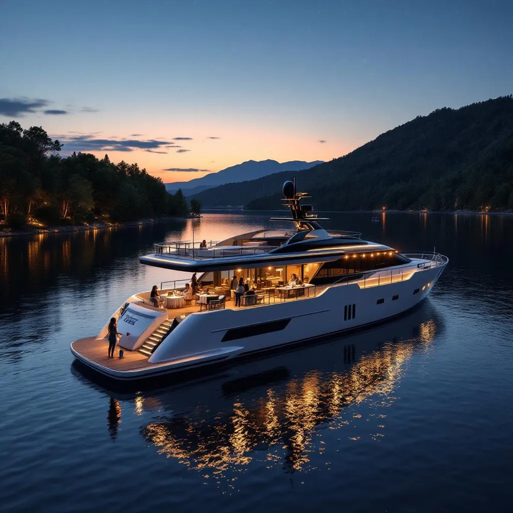 Luxusmotoryacht ankert in der Abenddämmerung in den Salzseen des Nationalparks Mljet, Gäste dinieren an Deck unter Lichterketten, bewaldete Ufer spiegeln sich im ruhigen Wasser, erste Sterne erscheinen, fotorealistisch