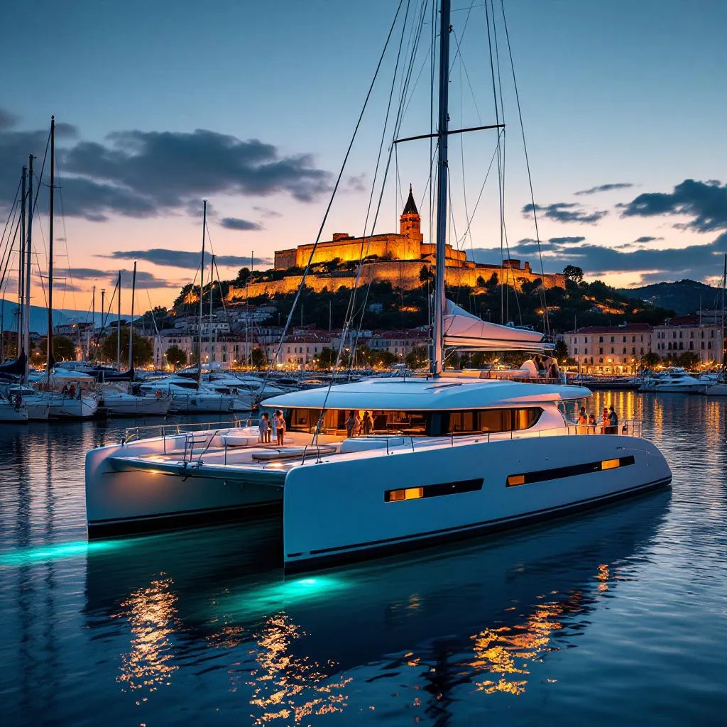 Katamaran vertäut in der Marina von Hvar-Stadt bei Sonnenuntergang, die historische Festung beleuchtet auf dem Hügel darüber, Gäste geniessen Cocktails im breiten Cockpit, während Hafenlichter sich im ruhigen Wasser spiegeln, fotorealistisch
