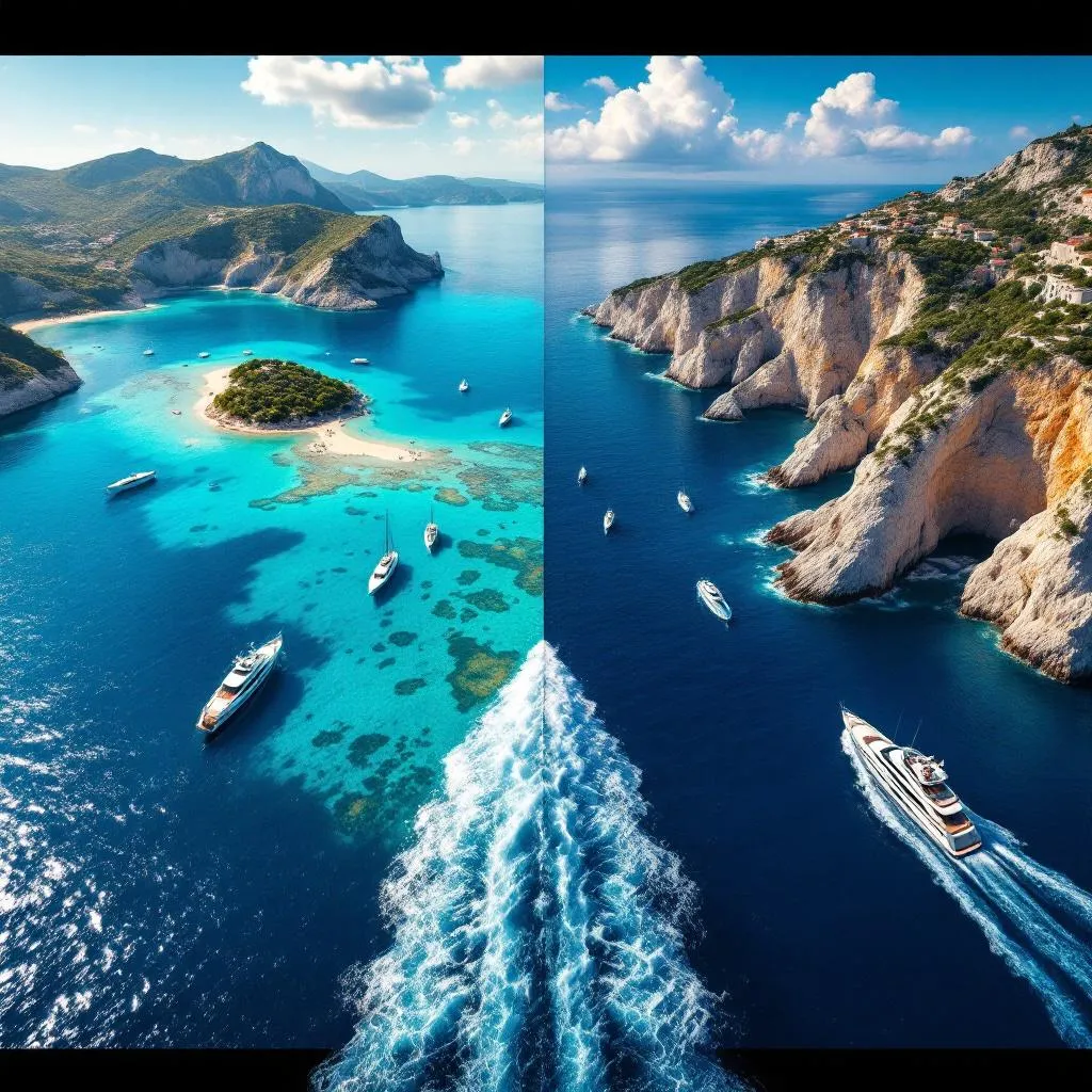 Kinematische Weitwinkelaufnahme im Vergleich von Adria und Ägäis: Split-Screen-Komposition mit kompakten türkisfarbenen Gewässern kroatischer Inseln links, dramatischen Klippen und tieferblauem Meer der türkischen Küste rechts, Luxusyachten in beiden Szenen, fotorealistisch, kinematisch