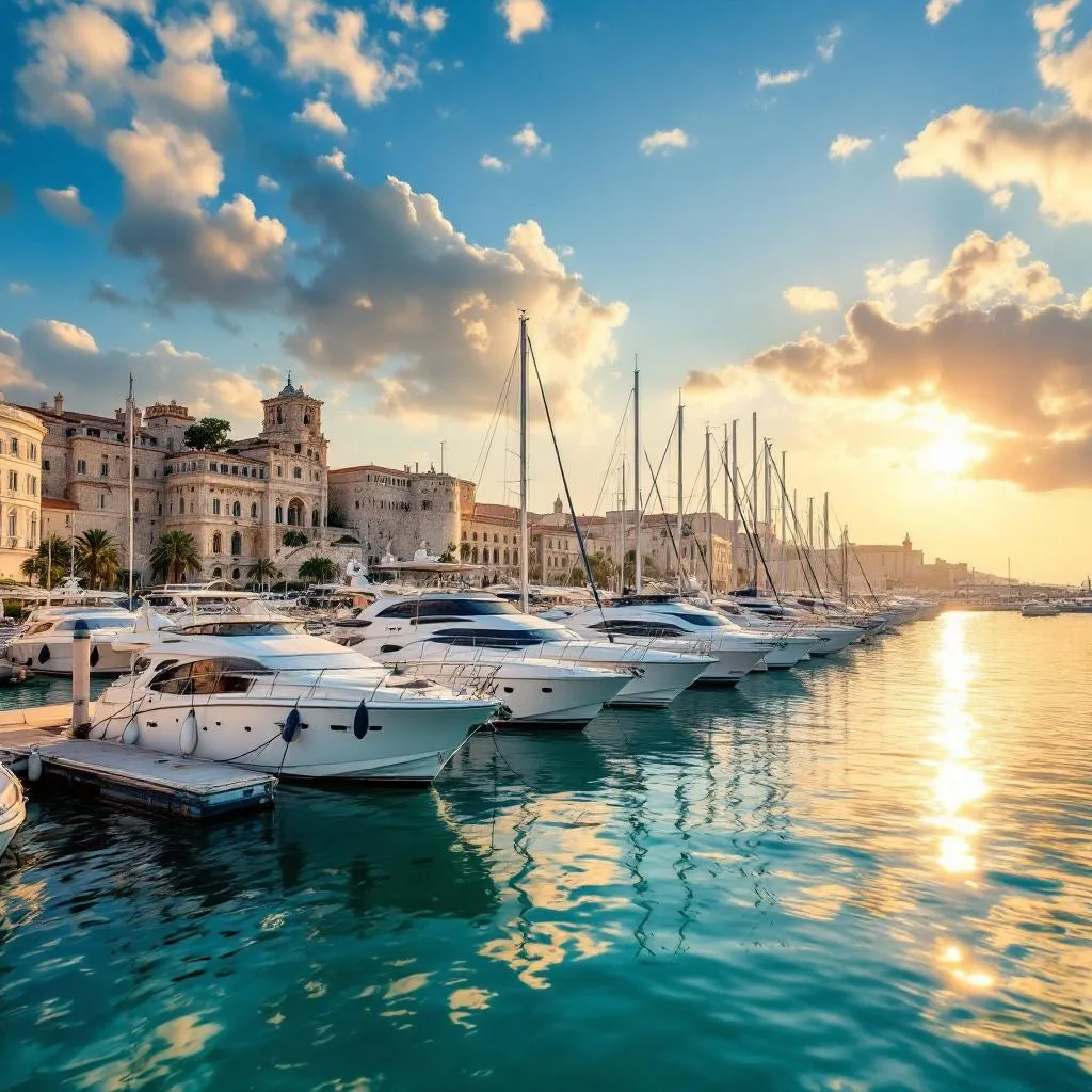 Split marina at dawn with luxury yachts moored along the waterfront, ancient Diocletian Palace walls in background, calm turquoise Adria waters reflecting golden morning light, photorealistic