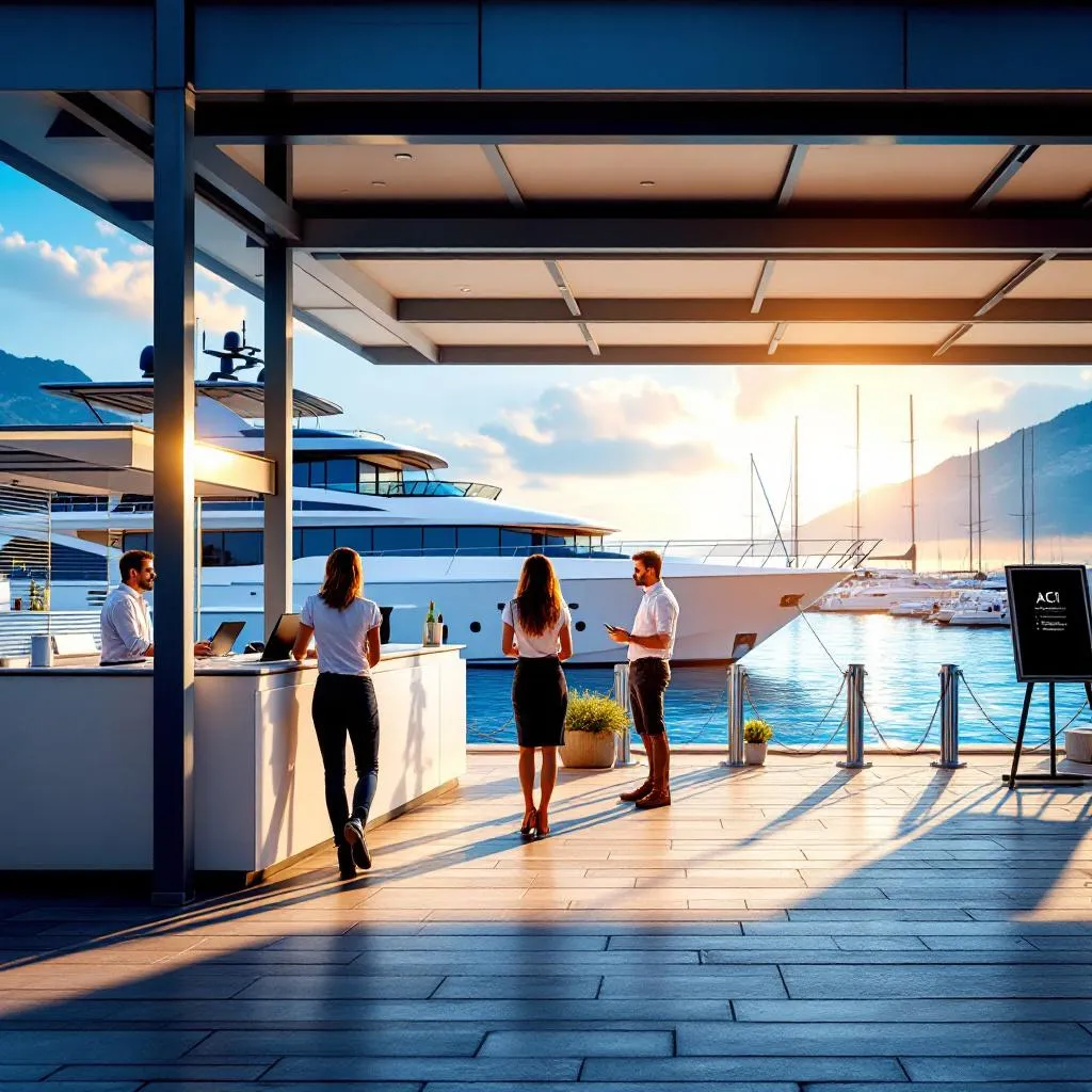 ACI Split Marina Check-in-Bereich mit Charter-Vertretern an einem Aussentresen, moderne Motoryacht im Hintergrund am Liegeplatz sichtbar, nachmittägliches mediterranes Licht, blaues Adriawasser, fotorealistisch