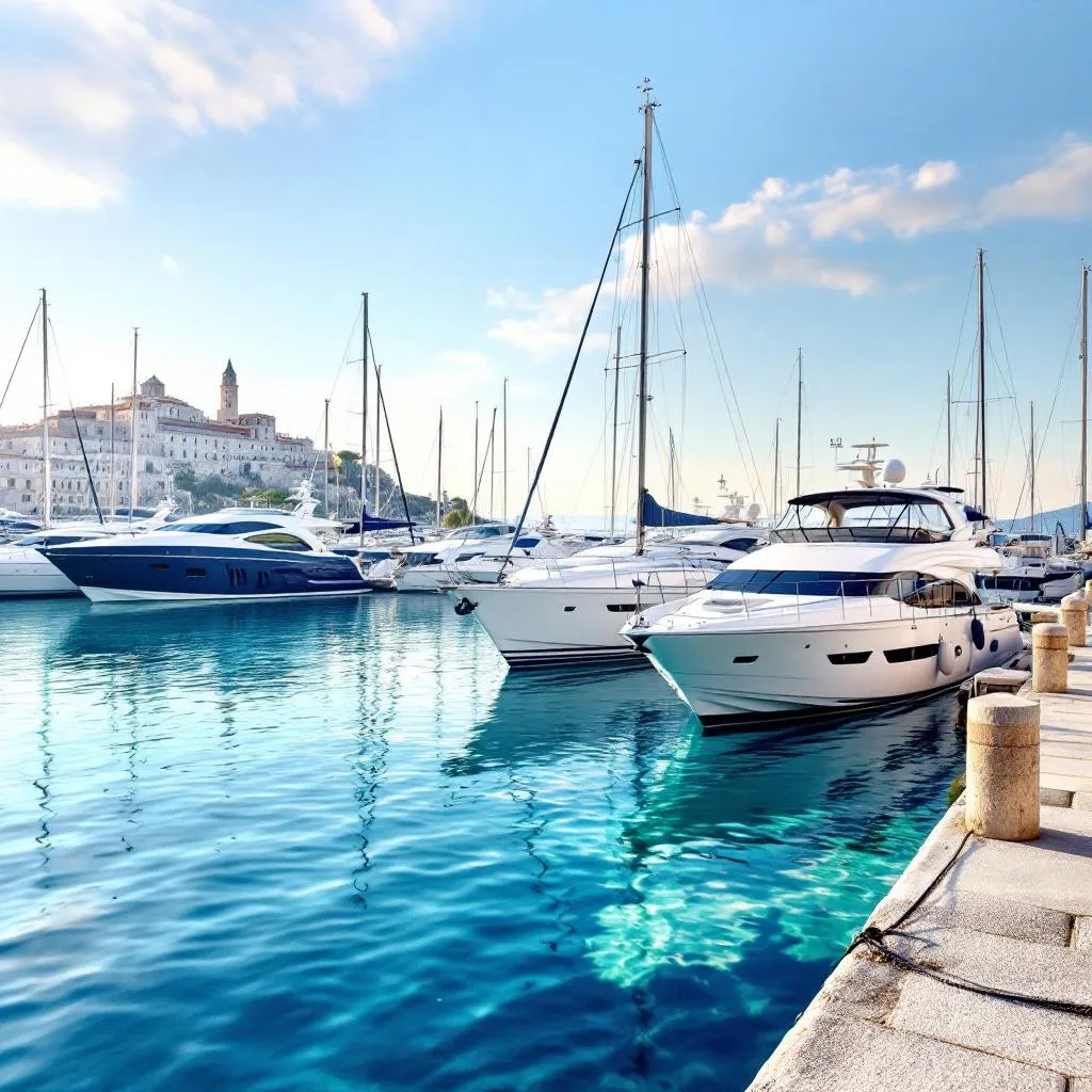 Hafen von Split an einem ruhigen Morgen im Mai mit Luxusyachten, die entlang steinerner Piers vertäut sind, im Hintergrund der Diokletianpalast, weiches Morgenlicht spiegelt sich auf transparentem türkisfarbenem Wasser, Temperaturanzeige 24°C, fotorealistisch