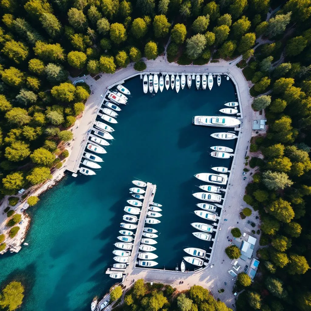 Aerial view of Palmižana Marina on Pakleni Islands near Hvar, showing organized yacht berths surrounded by pine forests, transparent blue waters, white luxury yachts creating geometric patterns, photorealistic aerial photography
