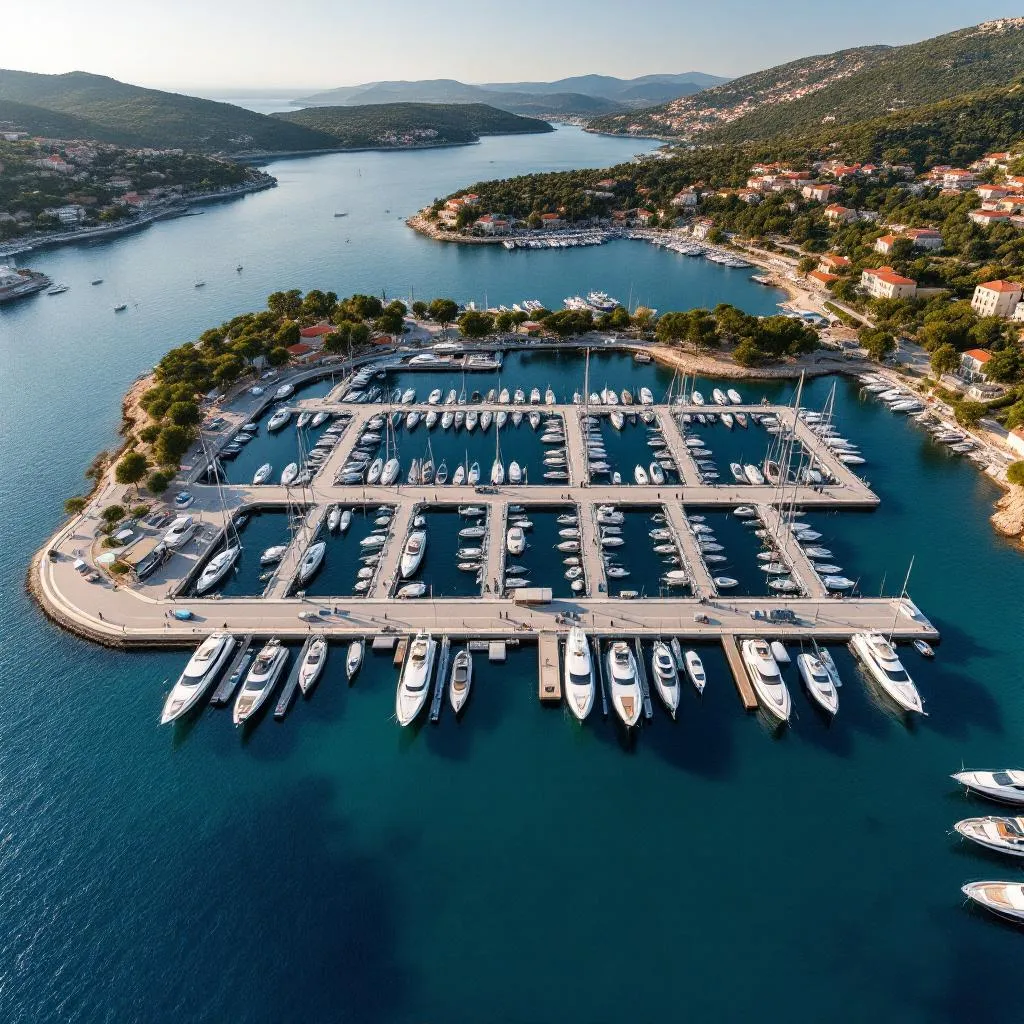 Luftaufnahme von D-Marin Mandalina in Šibenik mit organisiertem Steg-Layout, Luxusyachten an Liegeplätzen, von oben sichtbare Charter-Check-in-Verfahren, dalmatinische Küste im Hintergrund, fotorealistische Luftbildfotografie
