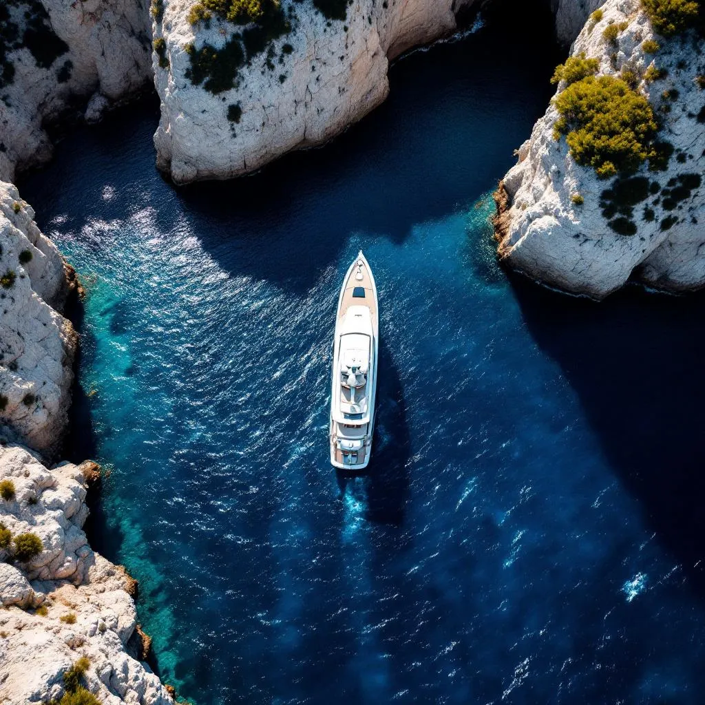 Luftaufnahme einer Superyacht, verankert in der Stiniva-Bucht auf der Insel Vis bei nachmittäglichem Maestral-Wind, windbewegtes blaues Adria-Wasser, dramatische Kalksteinklippen umgeben den geschützten Ankerplatz, fotorealistische Luftbildaufnahme