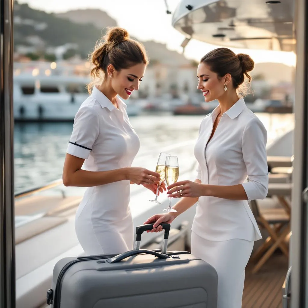 Elegant yacht hostess in white uniform organizing luggage and welcome champagne for arriving Gäste on the stern deck of a luxury motor yacht, Split harbor in background, warm afternoon light, photorealistic