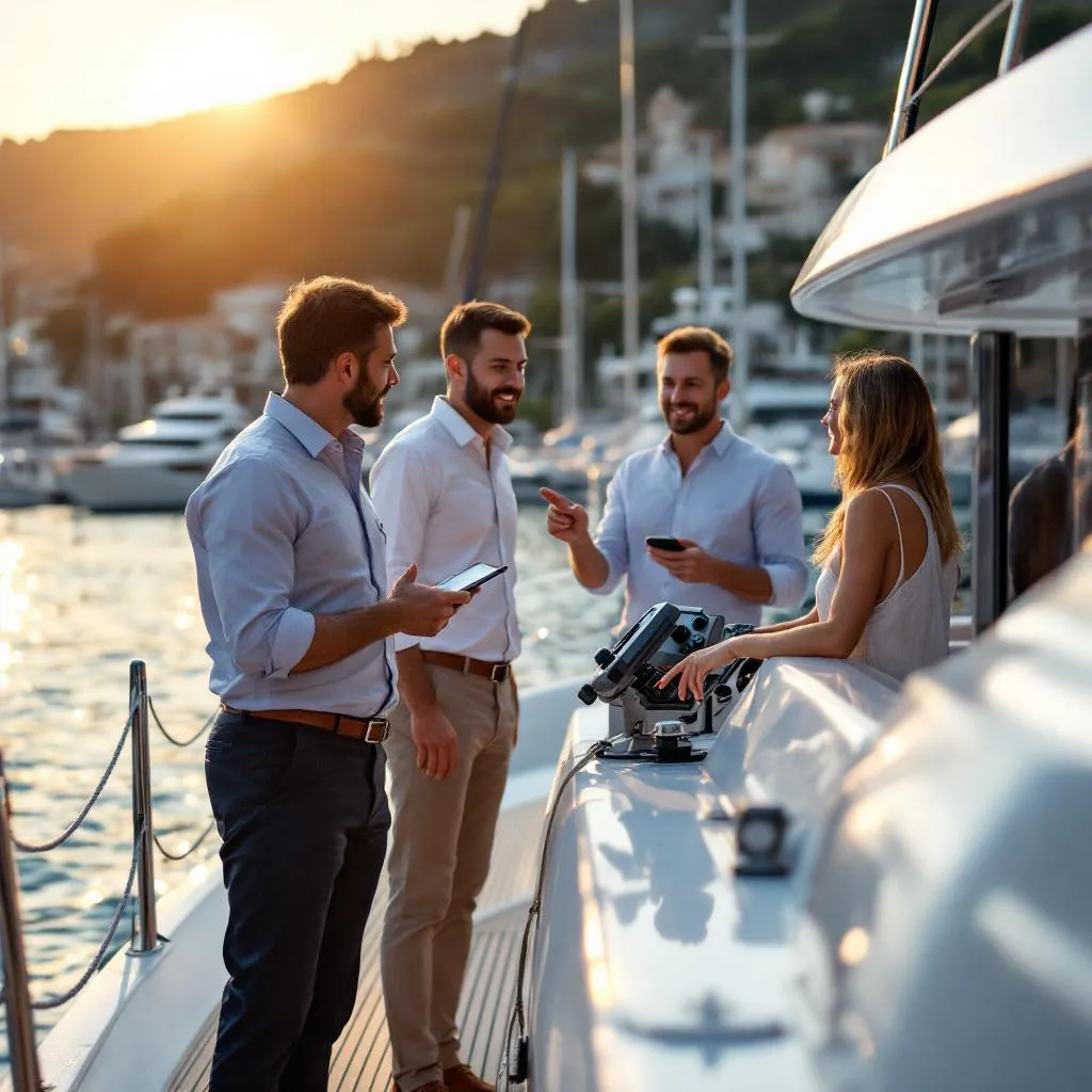 Professioneller Chartermanager führt Yacht-Übergabebriefing mit Chartergästen auf dem Heckdeck durch, zeigt auf Navigationsgeräte, Marina Split im Hintergrund, goldenes Abendlicht, fotorealistisch