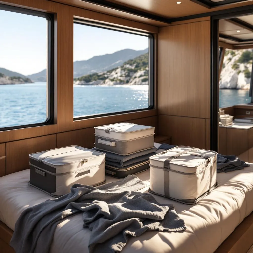 Master cabin interior aboard luxury yacht showing organized packing cubes and clothing laid out on bed, large windows revealing Croatian coastline view, natural light streaming through, photorealistic interior photography