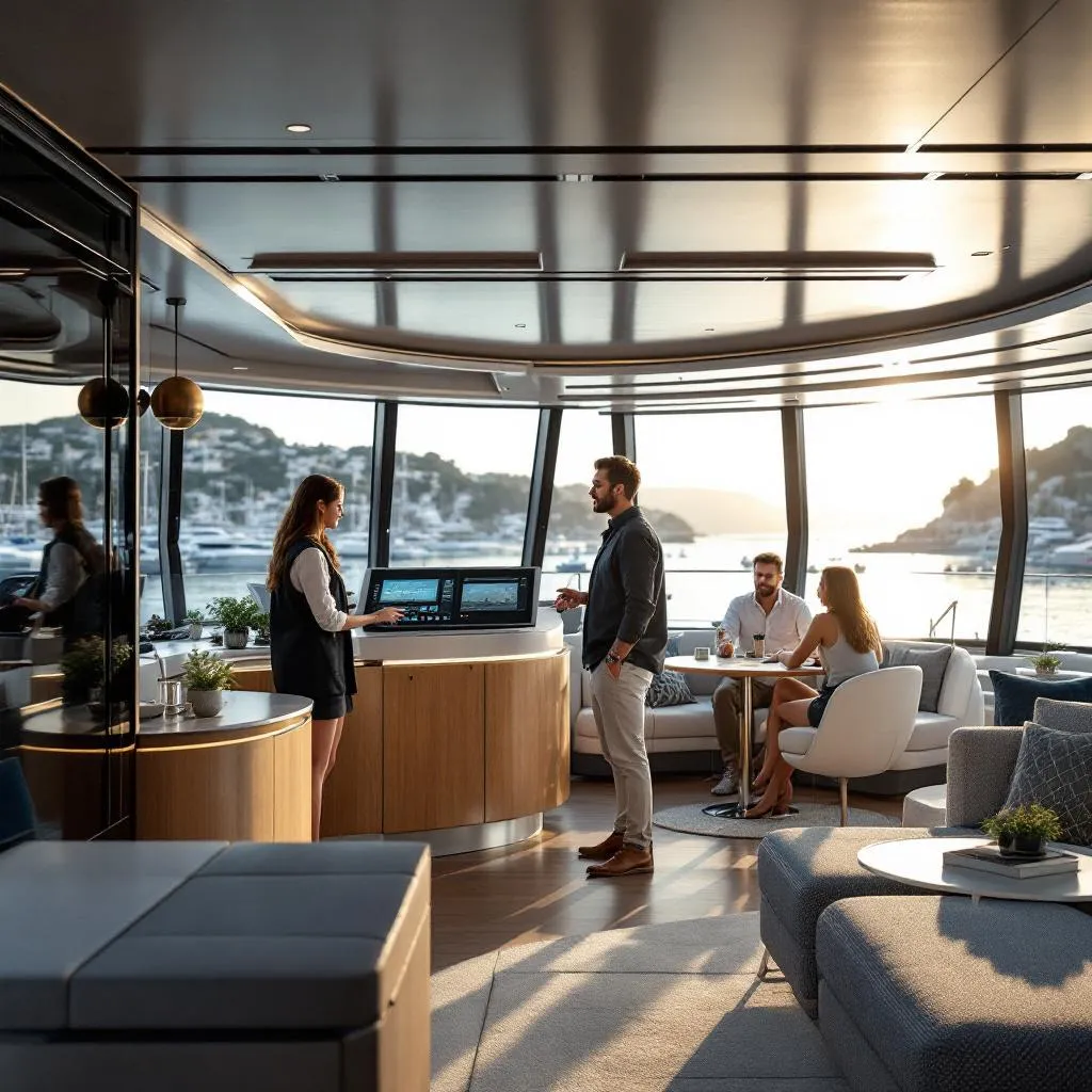 Moderner Yacht-Salon während einer technischen Einweisung, Chartervertreter erklärt Bedienfelder den Gästen, natürliches Licht strömt durch Panoramafenster mit Blick auf kroatische Marina, fotorealistische Innenraumfotografie