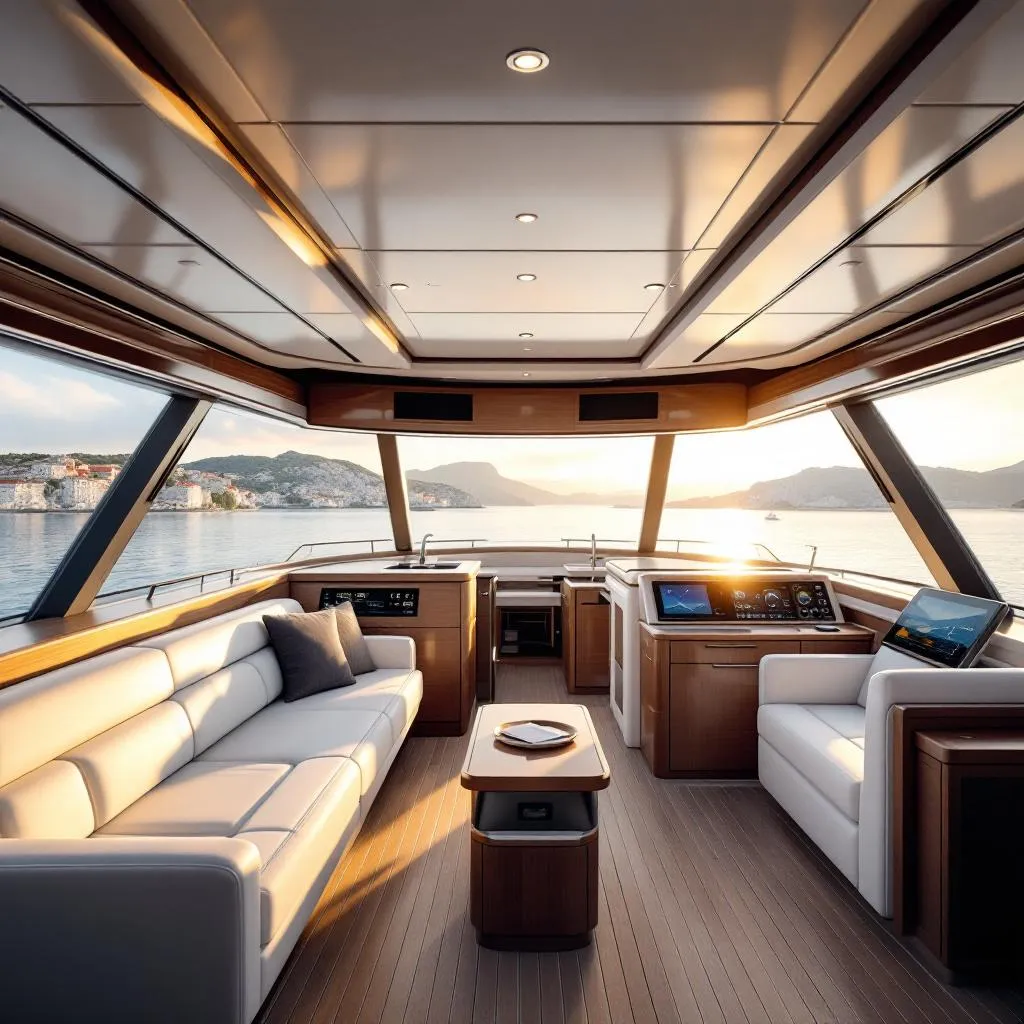 Geräumiger Yacht-Salon mit Panoramafenstern und Blick auf die kroatischen Inseln in der Ferne, moderne weisse Ledermöblierung, Navigationsstation mit Wetterüberwachungsgeräten, die Winddaten anzeigen, fotorealistische Innenaufnahme