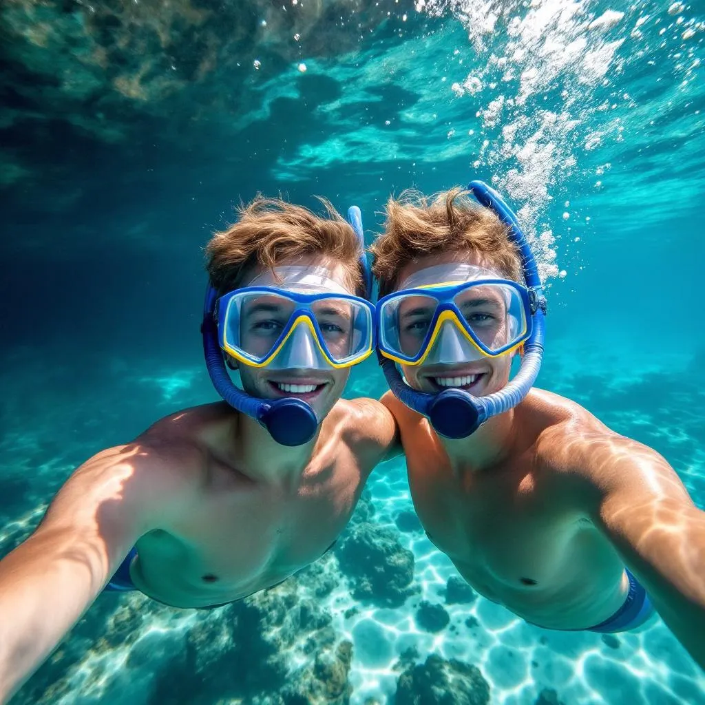 Young couple snorkeling together in transparent turquoise waters near Vis Island's Blue Cave, wearing proper masks and fins, underwater visibility showing rocky formations below, photorealistic