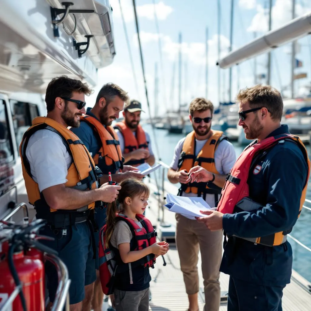 Chartergäste führen Sicherheitsausrüstungsprüfung auf dem Yachtdeck durch, testen Rettungswesten und untersuchen Feuerlöscher, Marina-Steg sichtbar, Crew nimmt aktiv an der Einweisung teil, fotorealistisch