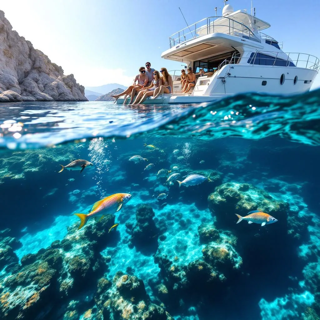 Chartergäste schnorcheln nahe der Badeplattform einer verankerten Yacht im Nationalpark Kornati, transparentes Wasser gibt den felsigen Meeresgrund darunter frei, Familiengruppe mit Unterwasserkameras erkundet das Meeresleben, fotorealistisch