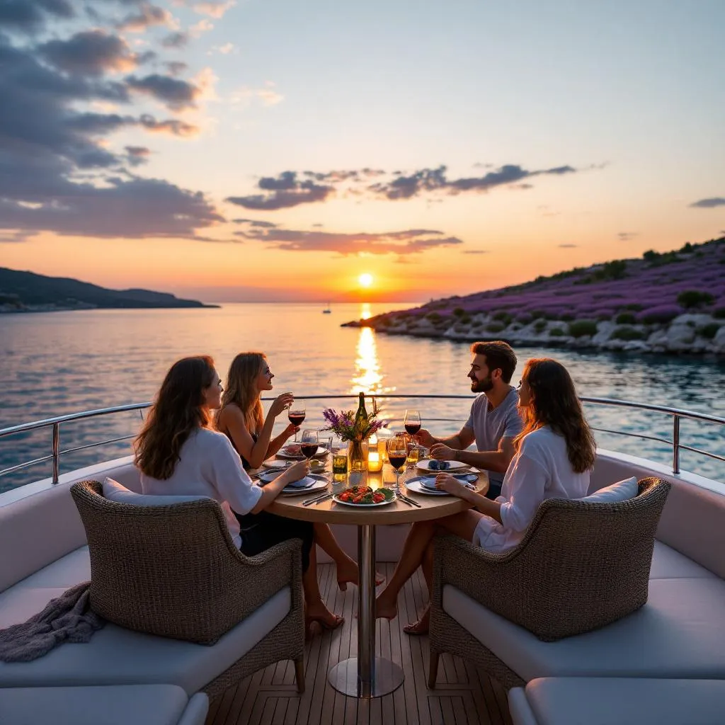 Elegant sunset dinner setup on yacht's flying bridge with Gäste enjoying wine and Croatian seafood, Hvar's lavender fields visible on distant shore, golden hour lighting, photorealistic
