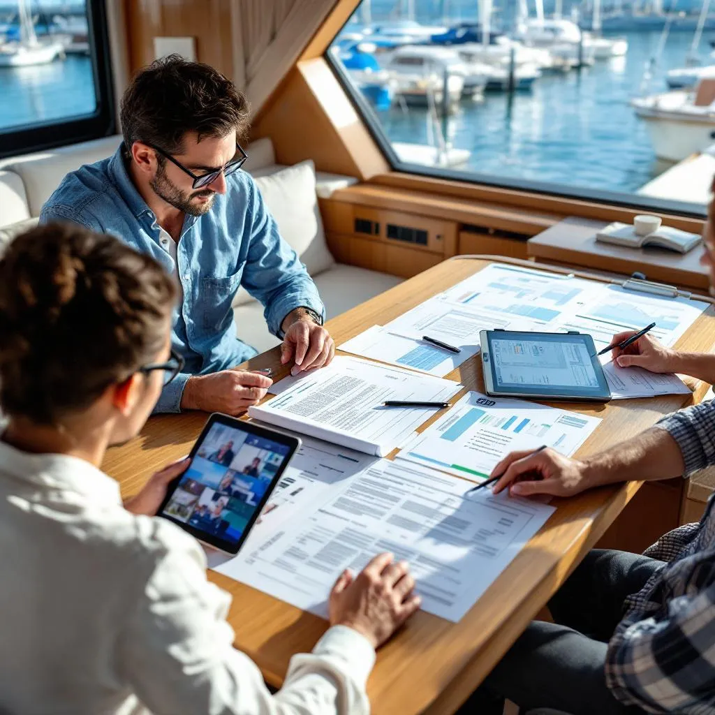 Charter-Dokumentation und Genehmigungen auf dem Salontisch der Yacht ausgebreitet, Tablets zeigen Inspektionsfotos, Gäste und Chartermanager prüfen gemeinsam die Unterlagen, Marina durch die Fenster sichtbar, fotorealistisch