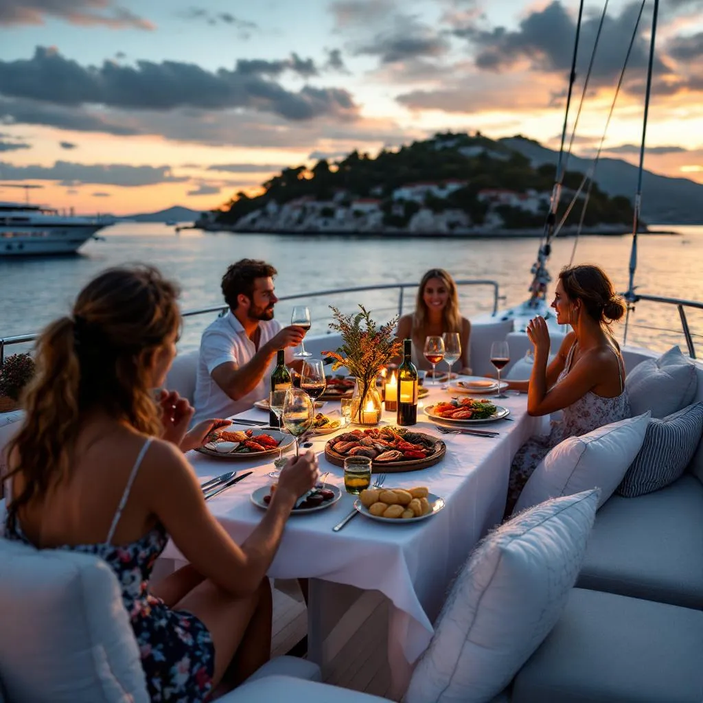Al-fresco-Dining auf dem Oberdeck der Yacht mit kroatischer Meeresfrüchteplatte, lokalem Plavac-Mali-Wein, Sonnenuntergangslicht über der Insel Korčula, Chartergäste geniessen ein Abendessen bei warmer Stimmungsbeleuchtung, fotorealistisch