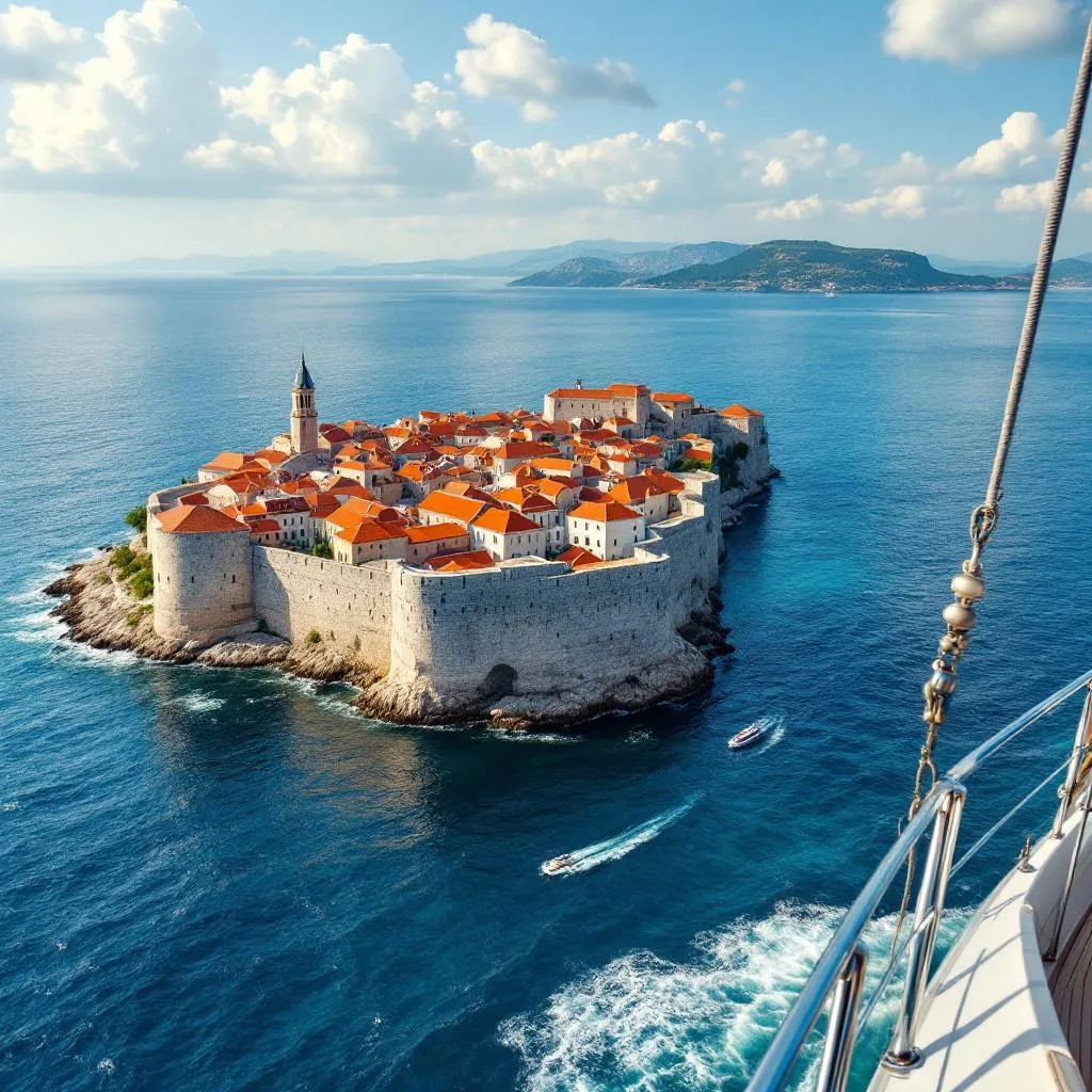Dubrovnik's medieval city walls and red-tiled roofs viewed from yacht's bow deck, ancient limestone fortifications rising from azure Adria waters, late afternoon Mediterranean light, photorealistic, travel photography