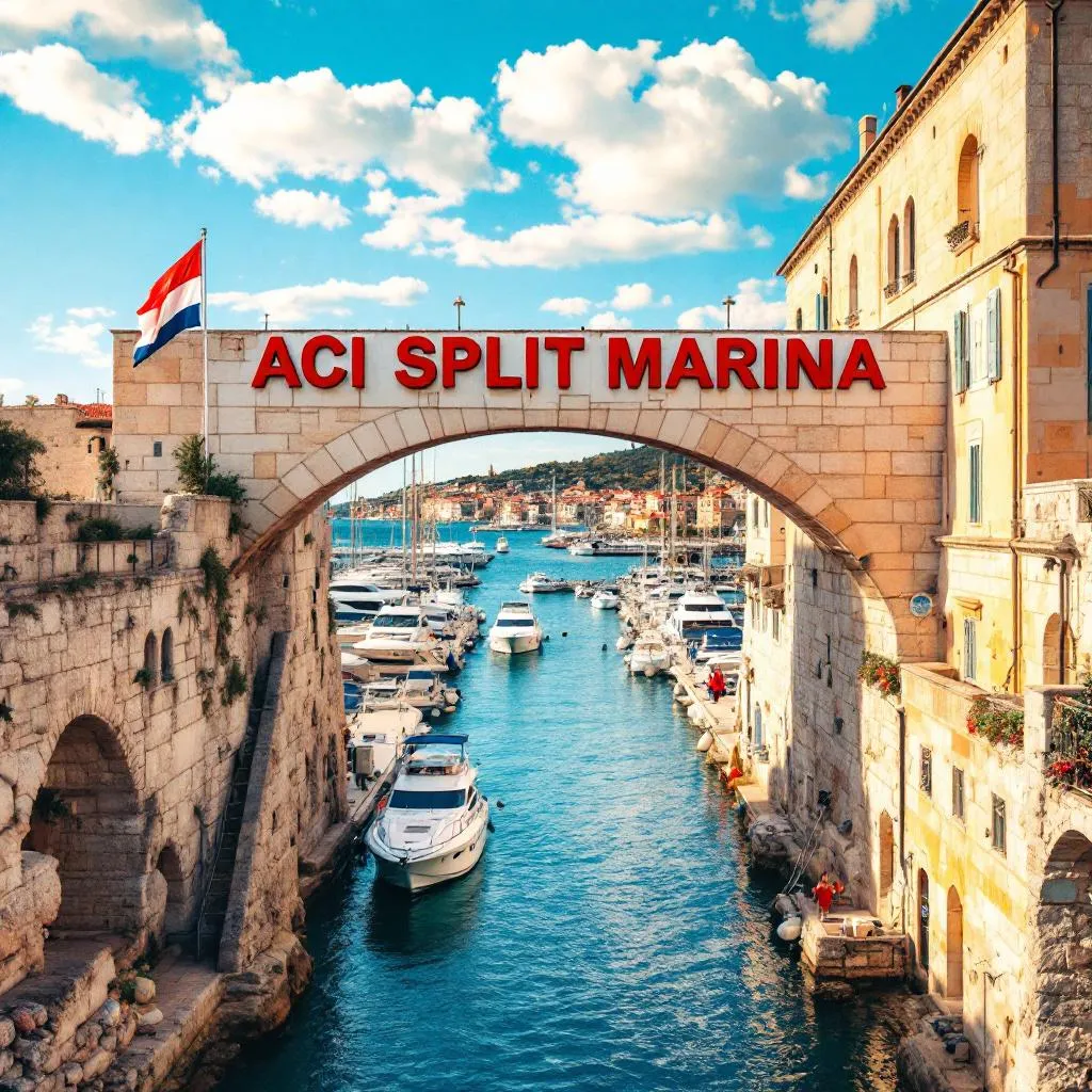 Einfahrt der Marina ACI Split mit charakteristischer kroatischer Flagge und Marina-Beschilderung, Charteryachten fahren durch schmalen Kanal aus, typische dalmatinische Steinarchitektur, fotorealistisch, Reisefotografie
