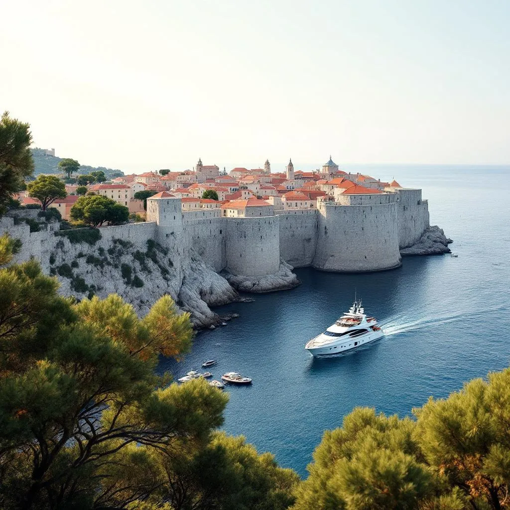 Stadtmauern von Dubrovnik vom Meer aus gesehen mit Charteryacht im Vordergrund bei klarem Herbstwetter, antike Kalksteinbefestigungen erheben sich aus der blauen Adria, September-Nachmittagslicht, fotorealistisch, Reisefotografie