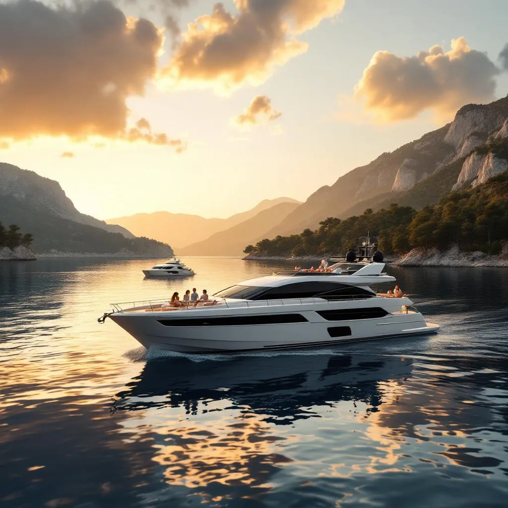 Luxury motor yacht anchored in secluded bay near Korčula Island at golden hour, Gäste relaxing on deck with drinks, pine-covered hills reflecting in calm waters, warm evening light, photorealistic