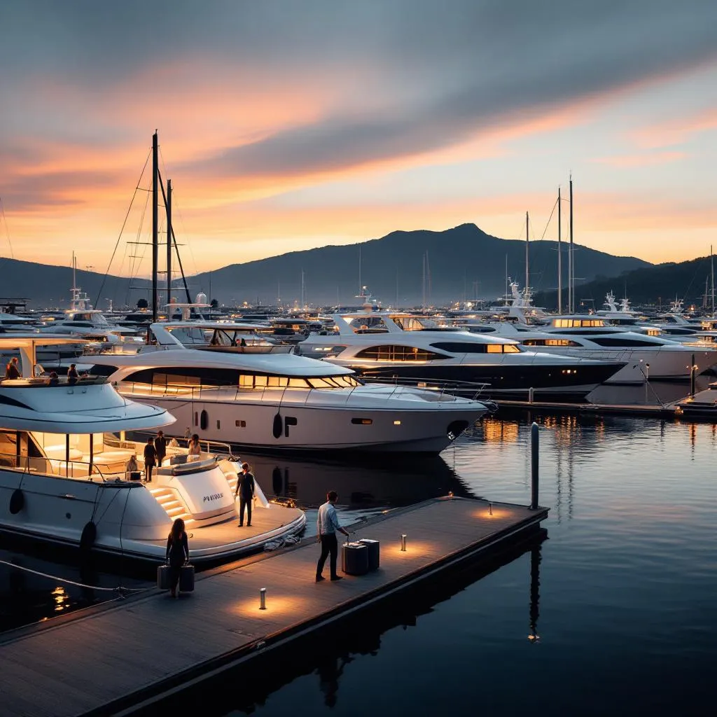 Marina Frapa in der Abenddämmerung mit beleuchteten Stegen, Luxusyachten schliessen abendliche Check-in-Verfahren ab, Personal hilft Gästen mit Gepäck auf schwimmenden Docks, warmes Abendlicht, fotorealistisch