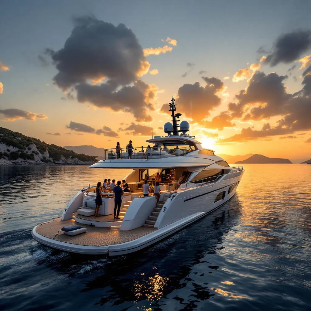 Luxusyacht vor Anker in der Bucht von Palmižana während der goldenen Stunde, Gäste geniessen Cocktails an Deck, Silhouette der Pakleni-Inseln vor warmem Sonnenuntergangshimmel, ruhige Abendbedingungen, fotorealistisch