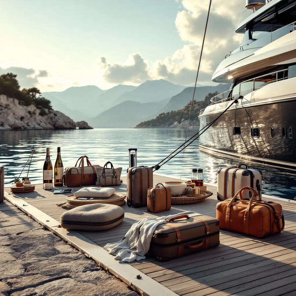 Wide cinematic shot of perfectly packed luxury luggage and yacht charter essentials arranged on Split marina pontoon beside elegant motor yacht, Croatian islands visible in distance, professional travel photography lighting, photorealistic, cinematic