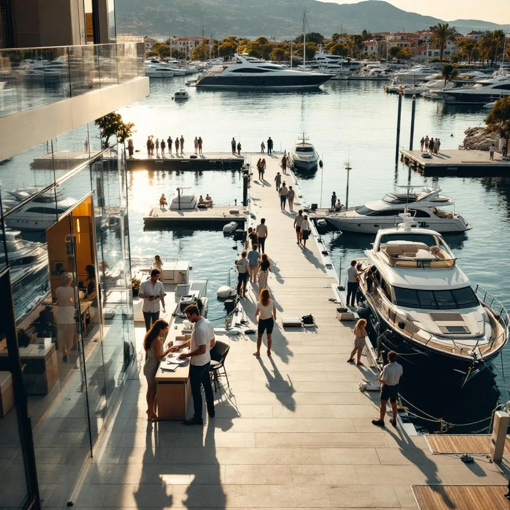 Weite kinematografische Aufnahme des kompletten Yacht Check-in Verfahrens, zeigt Marina-Büro, Charteryachten an Stegen, Gäste und Personal bei Übergaben, Dokumentationsbereiche, fängt die organisierte Effizienz kroatischer Charterbetriebe ein, fotorealistisch, kinematografisch
