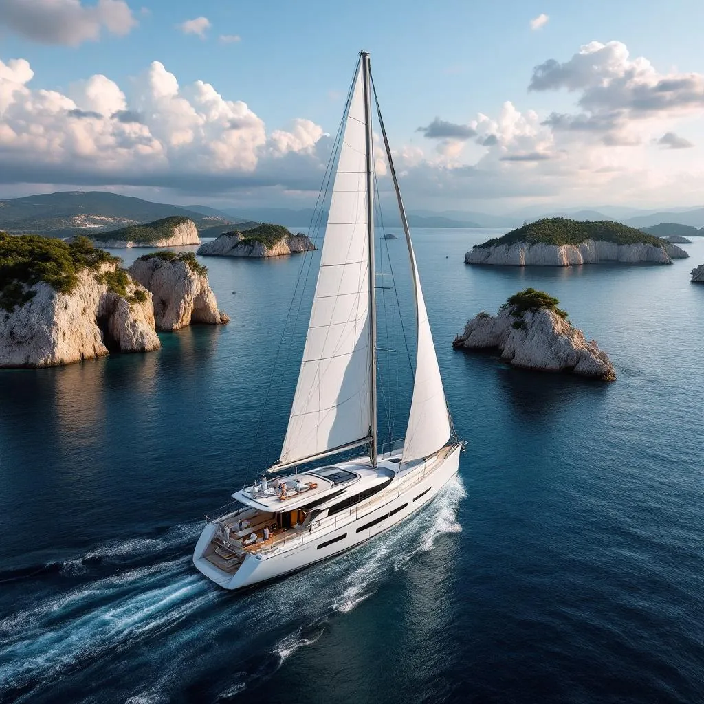 Dramatische Weitwinkelaufnahme einer modernen Charteryacht, die zwischen kroatischen Inseln bei typischem nachmittäglichem Maestral-Wind navigiert, weisse Segel vor tiefblauer Adria, verstreute Kalksteininseln erzeugen eine atemberaubende Seelandschaft, fotorealistisch, filmisch
