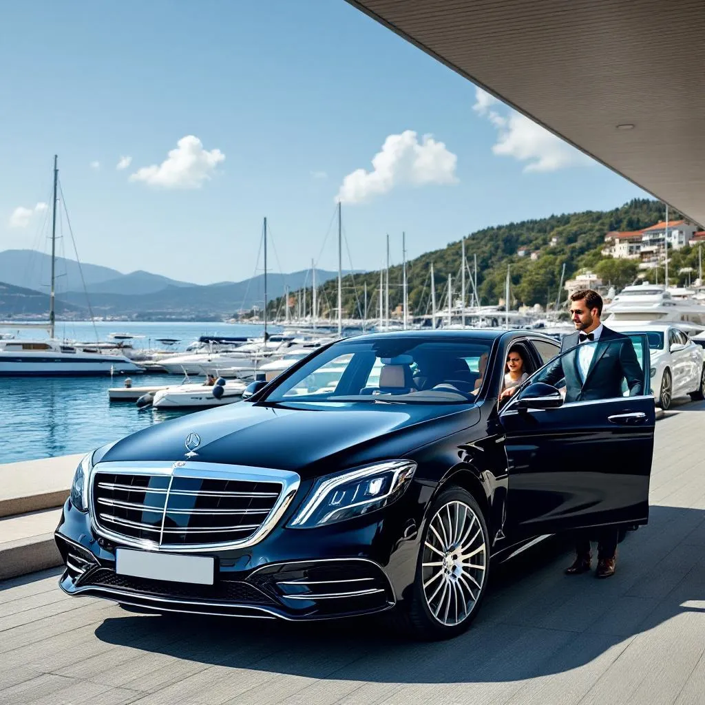 Mercedes S-Class luxury vehicle arriving at Marina Kastela with the modern marina facilities in the background, clear sunny day with the Croatian coastline visible, professional chauffeur opening the door for yacht charter guests, photorealistic