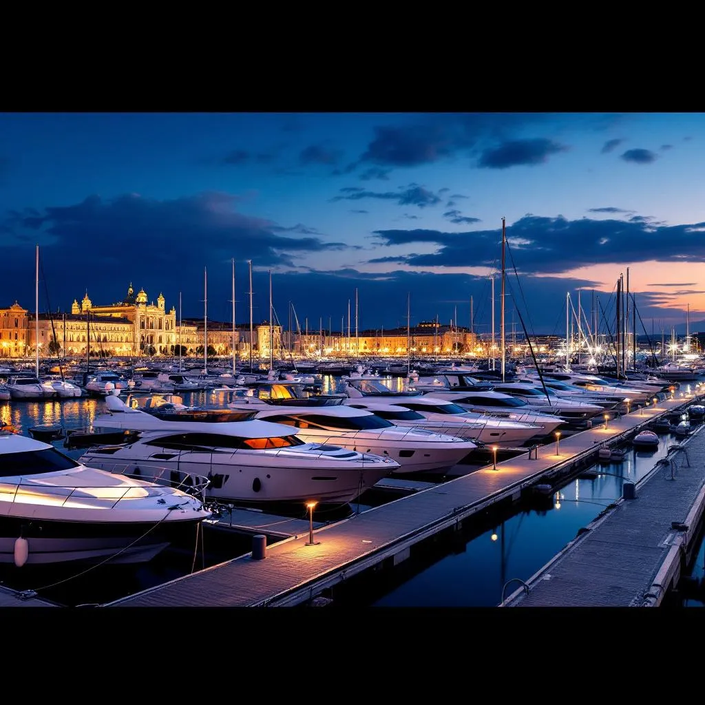 ACI Marina Split at sunset with luxury motor yachts moored stern-to along concrete pontoons, the historic Diocletian's Palace illuminated in golden light across the harbor, calm Adria waters reflecting marina lights, photorealistic
