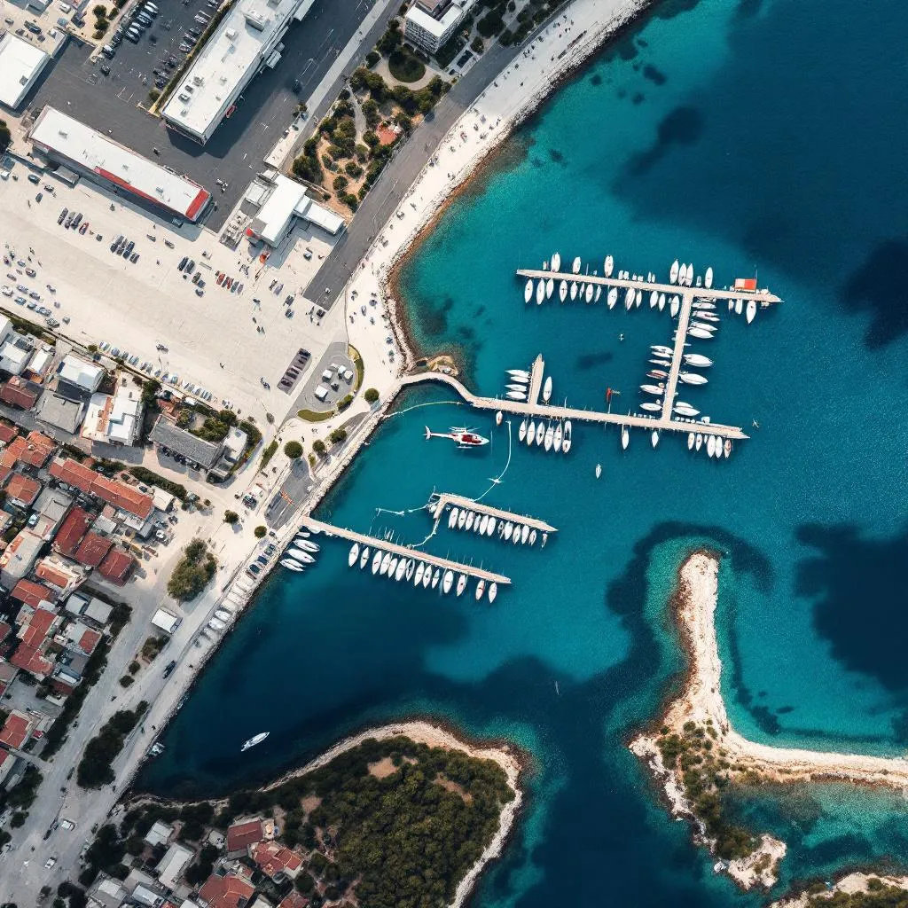 Aerial view of Split Airport with a private helicopter flying toward Marina Kastela, showing the 25-kilometer route over Kastela Bay and the Dalmatian coast, transparent turquoise water below, photorealistic aerial photography