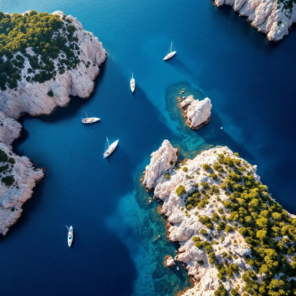 Aerial view of Kornati National Park showing multiple sailing yachts anchored at official blue buoy moorings in Lojena bay, dramatic limestone cliffs surrounding transparent turquoise waters, photorealistic aerial photography