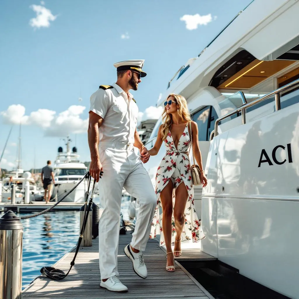 Professional yacht captain in white uniform helping elegant Gäste in designer resort wear step from a luxury motor yacht onto Split marina pontoon, ACI marina facilities visible in background, warm Mediterranean lighting, photorealistic