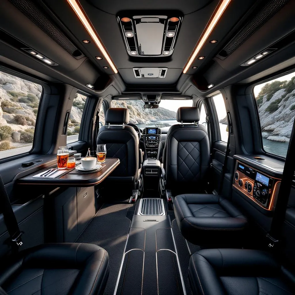 Luxurious interior of a Mercedes V-Class transfer vehicle with leather seats, climate control, and refreshment service setup, view through windows showing the Croatian coastal road, photorealistic interior photography