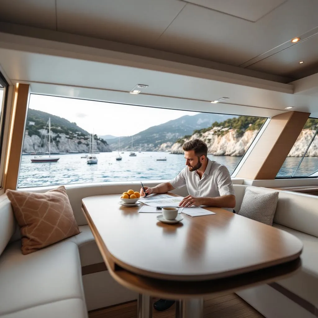 Modern yacht saloon interior with panoramic windows showing Croatian coastline view, captain reviewing mooring documentation and marina charts at polished dining table, natural daylight streaming through windows, photorealistic interior photography