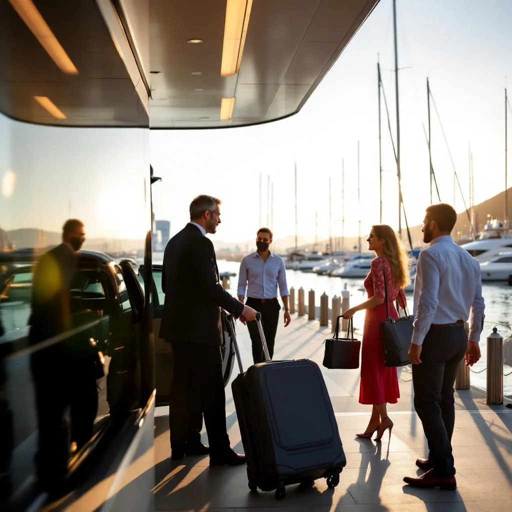 Charter guests with luggage being assisted by professional chauffeur and marina staff at ACI Marina Split, seamless transfer coordination in action, Mediterranean afternoon light, photorealistic